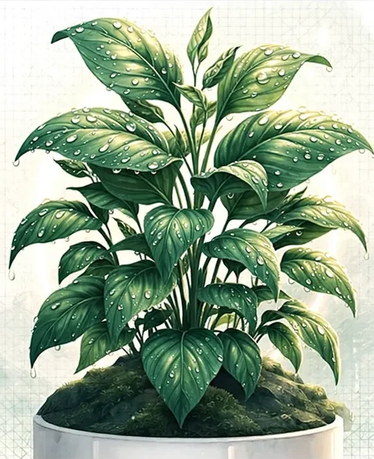 A lush watercolor plant with dewdrops on broad leaves