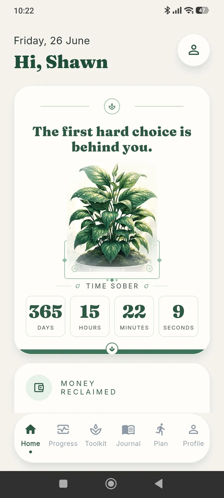 Home screen with the growing plant and live sober clock
