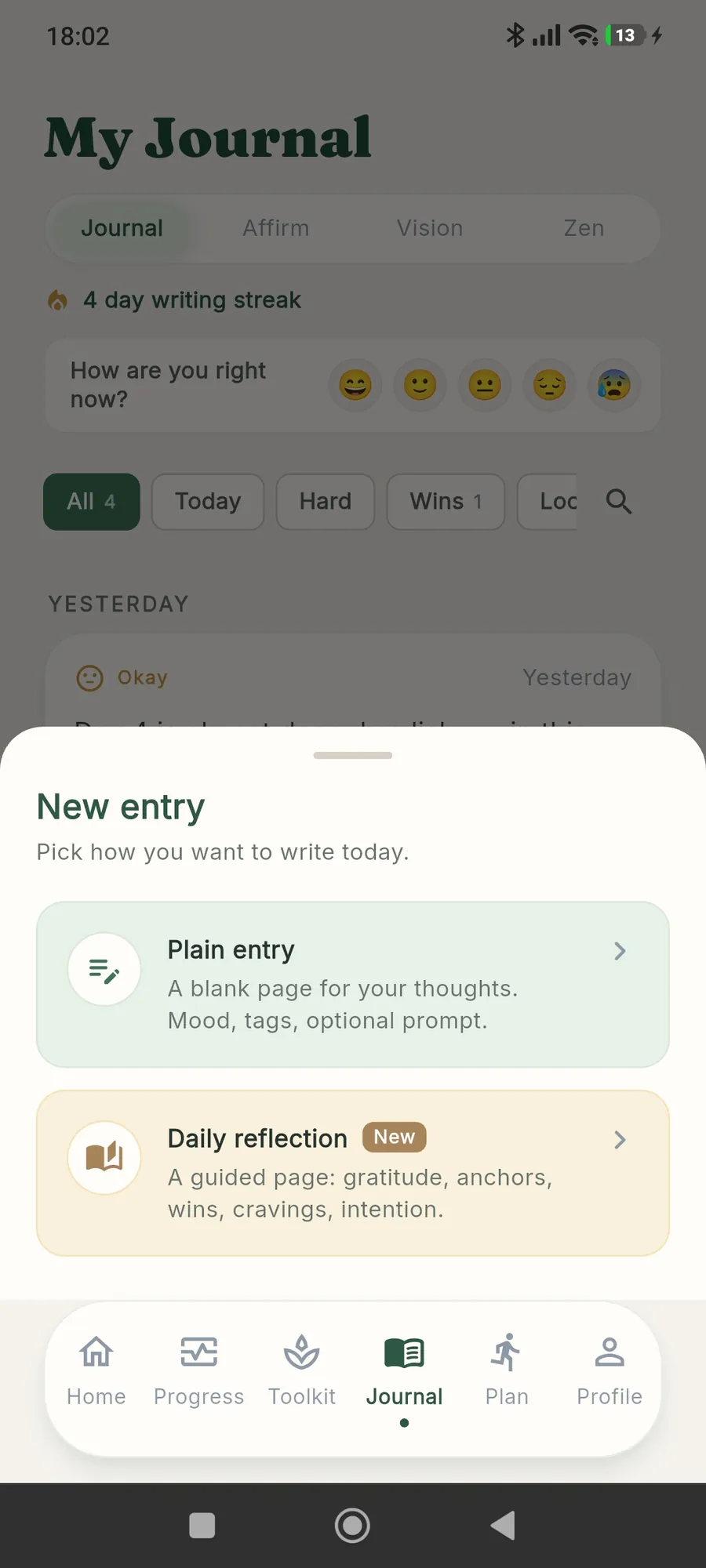 My Journal — mood entries, affirmations and vision board