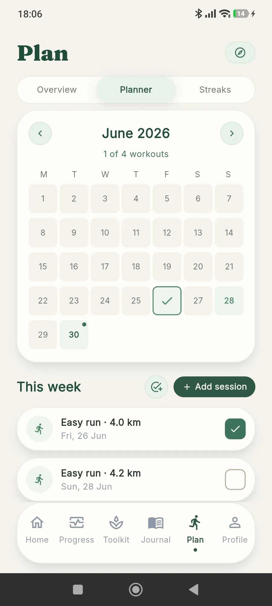 The Plan tab — set goals and schedule the sessions to reach them