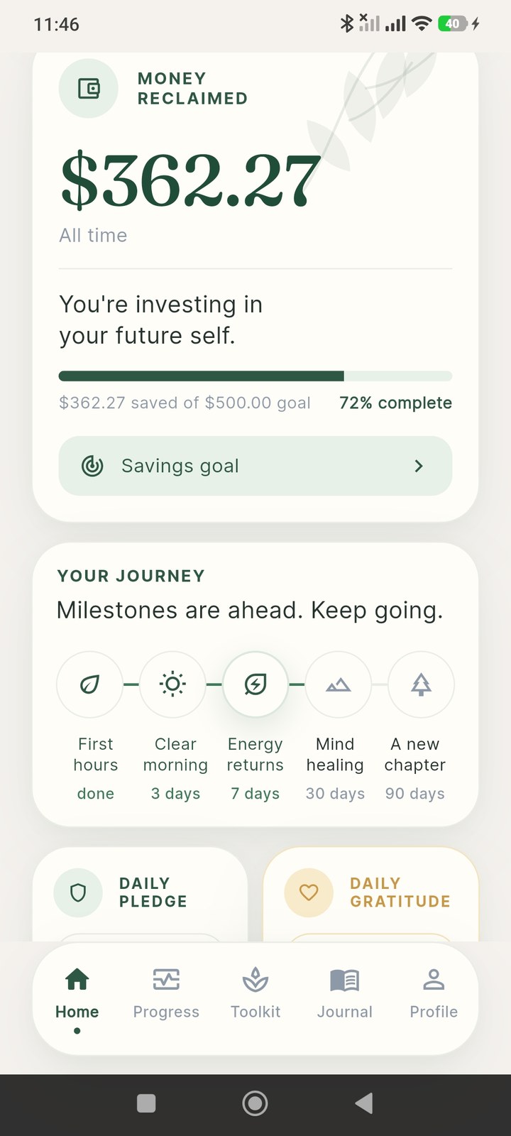 Money reclaimed screen showing $362.27 saved toward a $500 goal, plus a five-stop journey milestone timeline