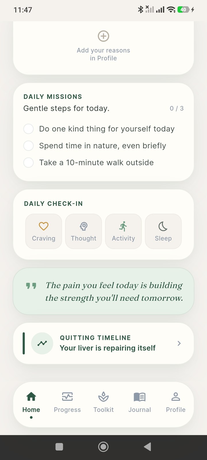 Daily check-in for craving, thought, activity, sleep, plus a quitting timeline insight